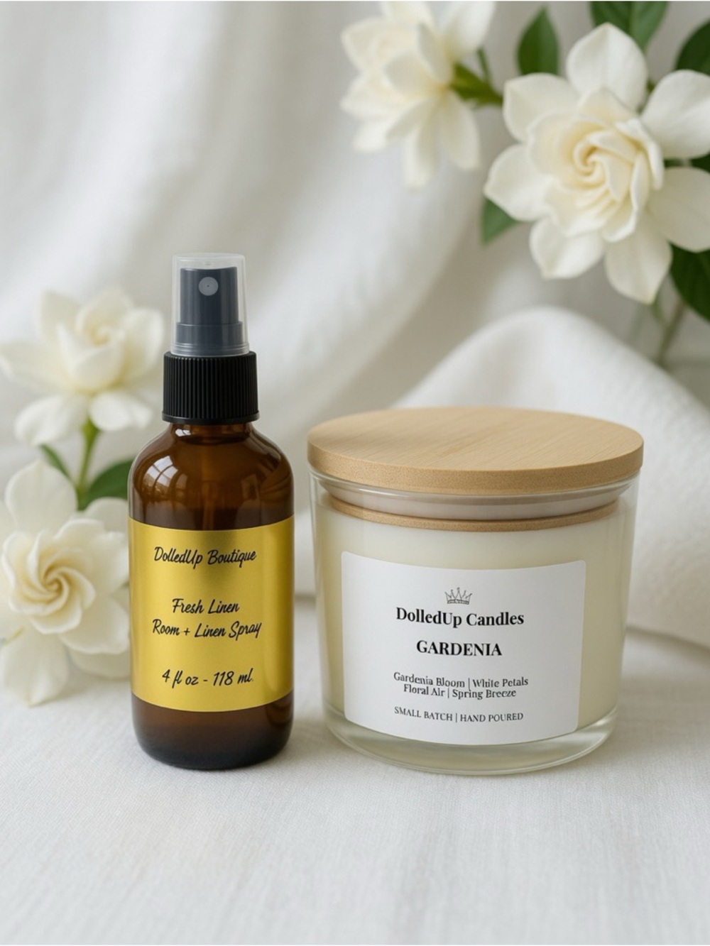 Gardenia Linen Sanctuary Set | 16oz Gardenia Candle + Linen Room Spray - Picture 3 of 3